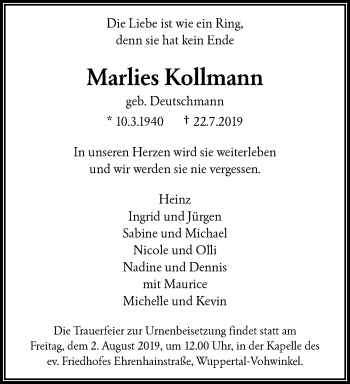 Traueranzeige von Marlies Kollmann von trauer.wuppertaler-rundschau.de