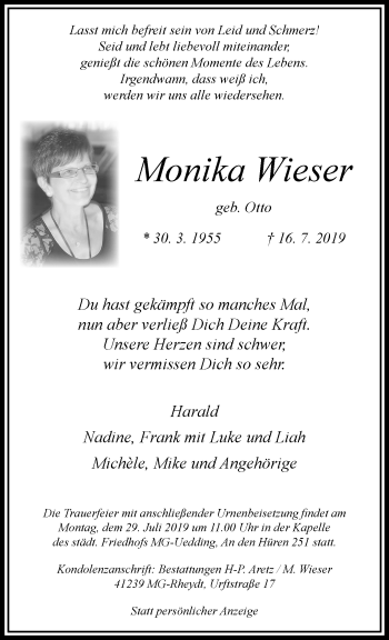 Traueranzeige von Monika Wieser von trauer.extra-tipp-moenchengladbach.de