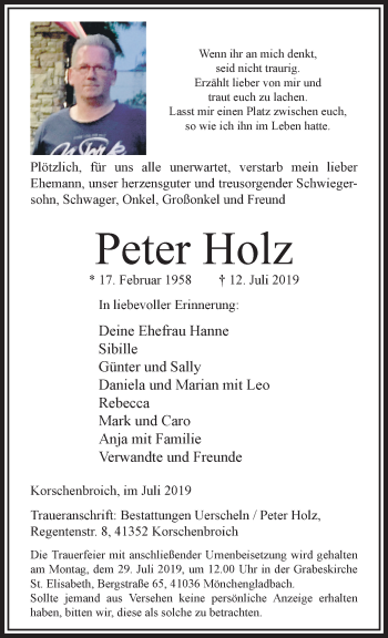 Traueranzeige von Peter Holz von trauer.extra-tipp-moenchengladbach.de