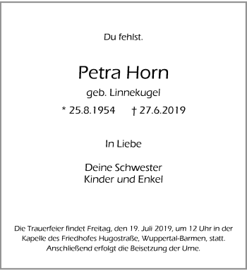 Traueranzeige von Petra Horn von trauer.wuppertaler-rundschau.de