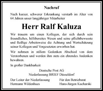 Traueranzeige von Ralf Kaluza von trauer.wuppertaler-rundschau.de