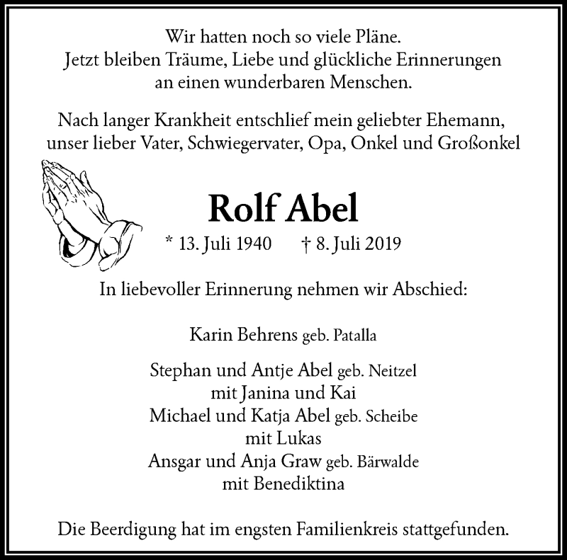  Traueranzeige für Rolf Abel vom 13.07.2019 aus trauer.wuppertaler-rundschau.de