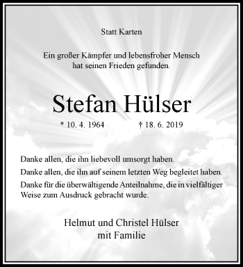 Traueranzeige von Stefan Hülser von trauer.extra-tipp-moenchengladbach.de