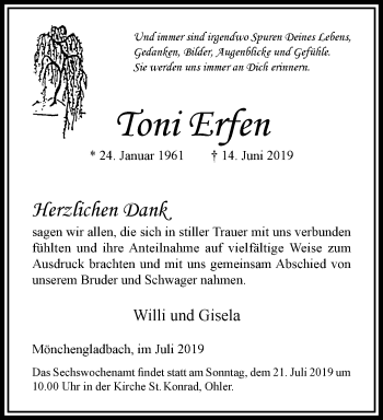 Traueranzeige von Toni Erfen von trauer.extra-tipp-moenchengladbach.de