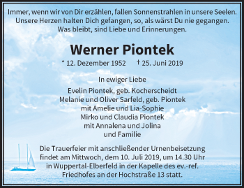 Traueranzeige von Werner Piontek von trauer.wuppertaler-rundschau.de