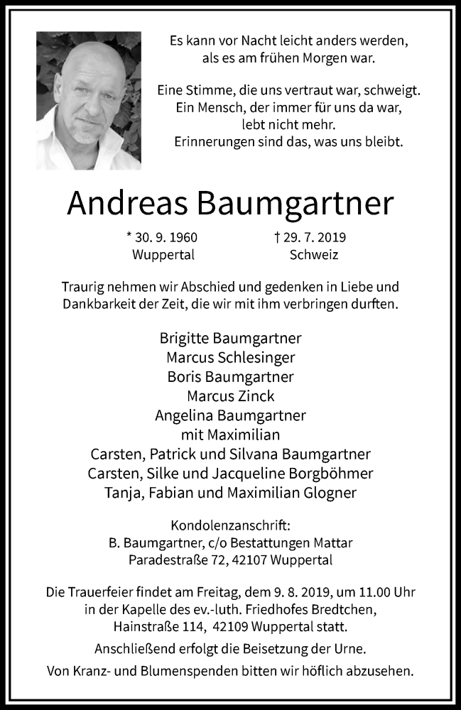  Traueranzeige für Andreas Baumgartner vom 07.08.2019 aus trauer.wuppertaler-rundschau.de