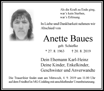 Traueranzeige von Anette Baues von trauer.extra-tipp-moenchengladbach.de