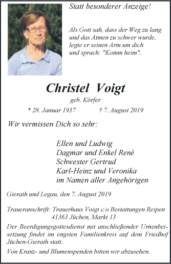 Traueranzeige von Christel Voigt von trauer.stadt-kurier.de