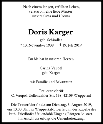 Traueranzeige von Doris Karger von trauer.wuppertaler-rundschau.de