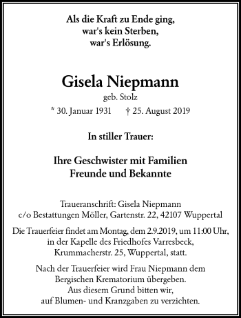 Traueranzeige von Gisela Niepmann von trauer.wuppertaler-rundschau.de