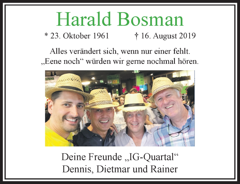  Traueranzeige für Harald Bosman vom 25.08.2019 aus trauer.extra-tipp-moenchengladbach.de
