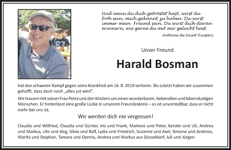  Traueranzeige für Harald Bosman vom 25.08.2019 aus trauer.extra-tipp-moenchengladbach.de