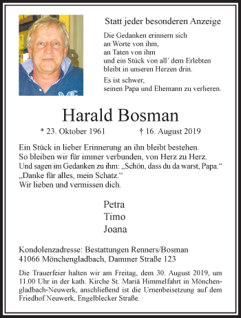 Traueranzeige von Harald Bosmann von trauer.extra-tipp-moenchengladbach.de