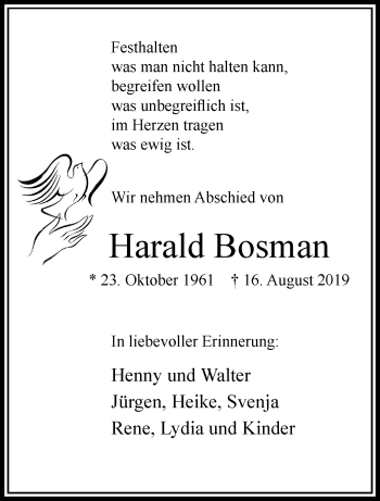 Traueranzeige von Harald Bosmann von trauer.extra-tipp-moenchengladbach.de