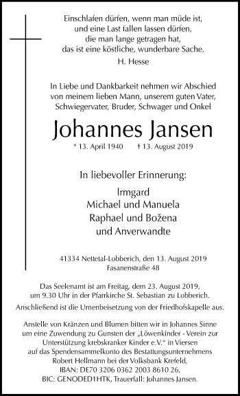 Traueranzeige von Johannes Jansen von trauer.extra-tipp-moenchengladbach.de