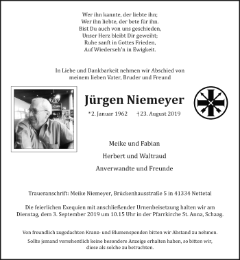 Traueranzeige von Jürgen Niemeyer von trauer.extra-tipp-moenchengladbach.de