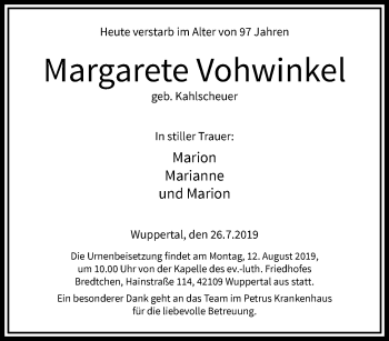 Traueranzeige von Margarete Vohwinkel von trauer.wuppertaler-rundschau.de