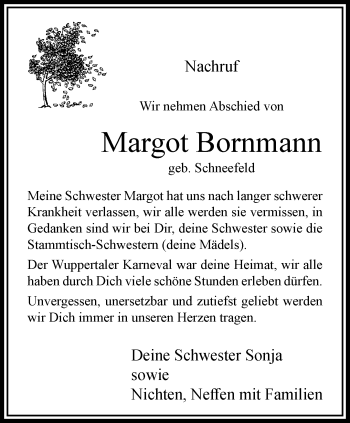 Traueranzeige von Margot Bornmann von trauer.wuppertaler-rundschau.de