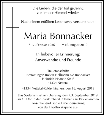 Traueranzeige von Maria Bonnacker von trauer.extra-tipp-moenchengladbach.de