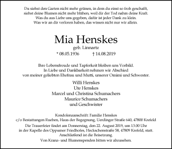 Traueranzeige von Mia Henskes von trauer.mein.krefeld.de