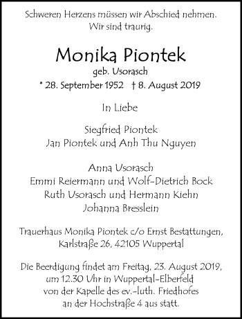 Traueranzeige von Monika Piontek von trauer.wuppertaler-rundschau.de