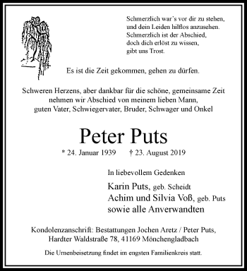 Traueranzeigen Von Peter Puts | Trauer Und Gedenken