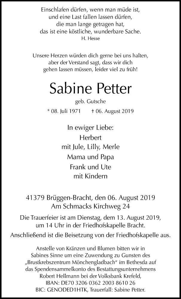  Traueranzeige für Sabine Petter vom 11.08.2019 aus trauer.extra-tipp-moenchengladbach.de