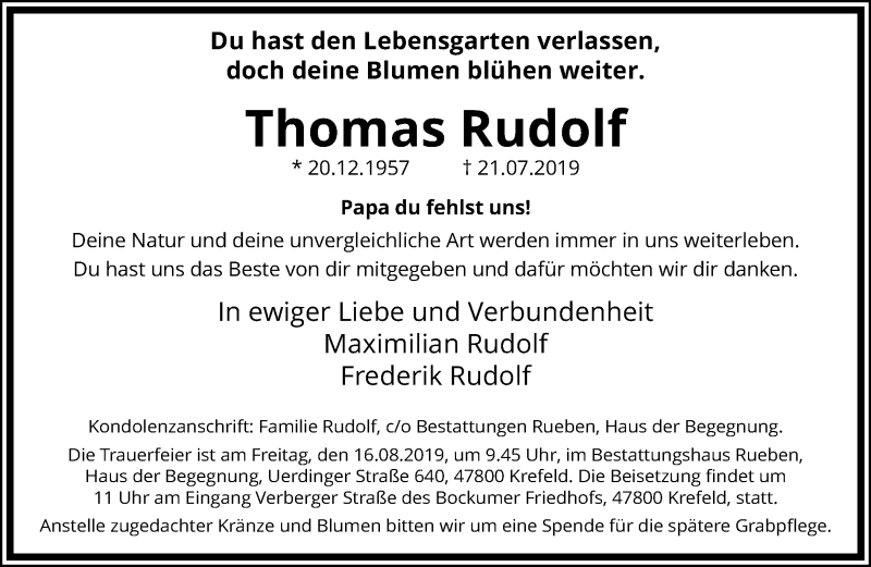  Traueranzeige für Thomas Rudolf vom 04.08.2019 aus trauer.mein.krefeld.de