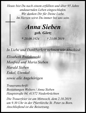 Traueranzeige von Anna Sieben von trauer.extra-tipp-moenchengladbach.de