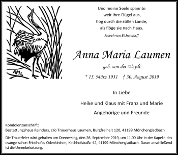 Traueranzeige von Anna Maria Laumen von trauer.extra-tipp-moenchengladbach.de