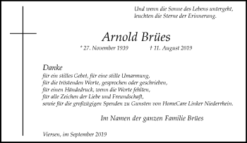 Traueranzeige von Arnold Brües von trauer.extra-tipp-moenchengladbach.de