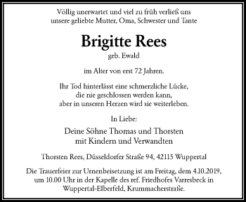 Traueranzeige von Brigitte Rees von trauer.wuppertaler-rundschau.de