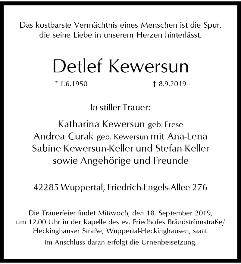  Traueranzeige für Detlef Kewersun vom 14.09.2019 aus trauer.wuppertaler-rundschau.de
