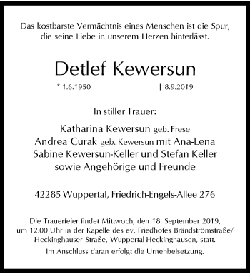 Traueranzeige von Detlef Kewersun von trauer.wuppertaler-rundschau.de