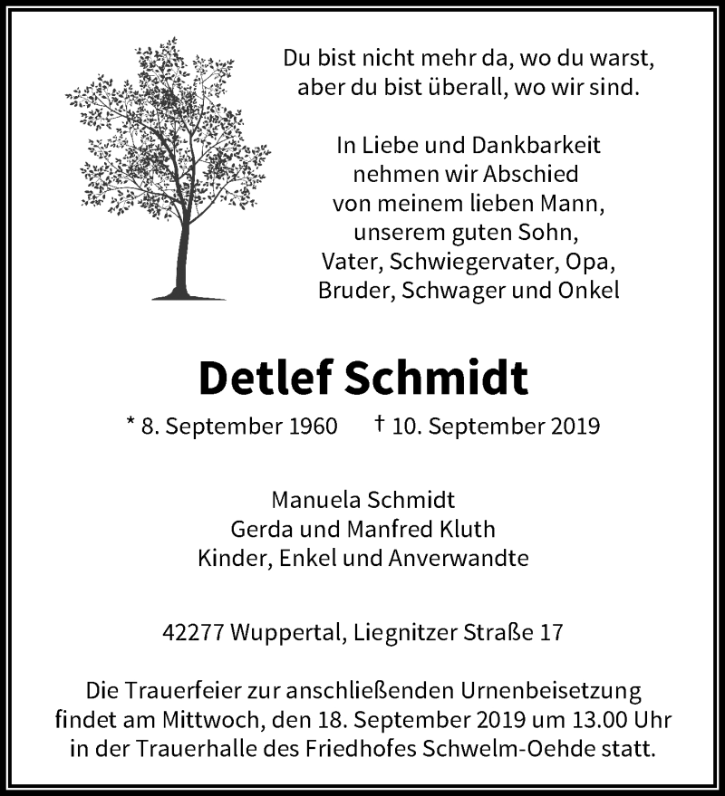  Traueranzeige für Detlef Schmidt vom 14.09.2019 aus trauer.wuppertaler-rundschau.de