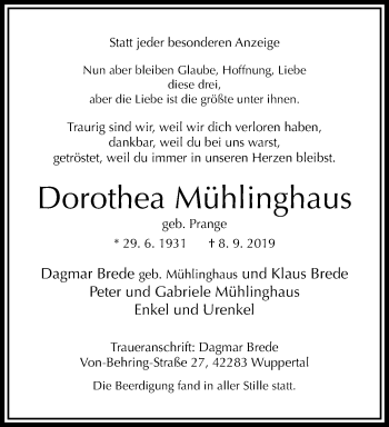 Traueranzeige von Dorothea Mühlinghaus von trauer.wuppertaler-rundschau.de