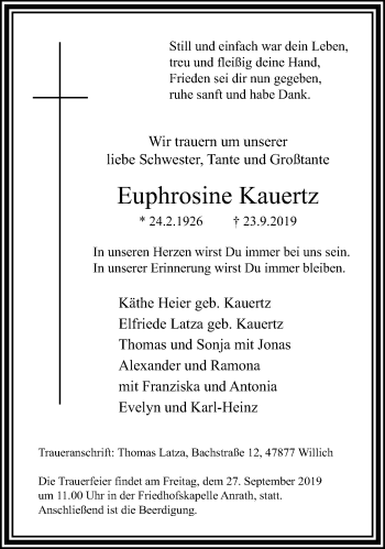 Traueranzeige von Euphrosine Kauertz von trauer.extra-tipp-moenchengladbach.de