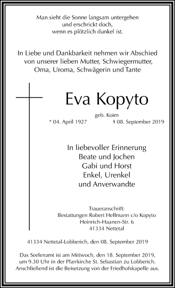 Traueranzeige von Eva Kopyto von trauer.extra-tipp-moenchengladbach.de
