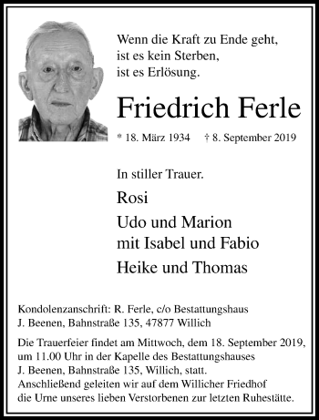 Traueranzeige von Friedrich Ferle von trauer.extra-tipp-moenchengladbach.de
