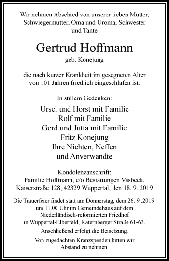 Traueranzeige von Gertrud Hoffmann von trauer.wuppertaler-rundschau.de