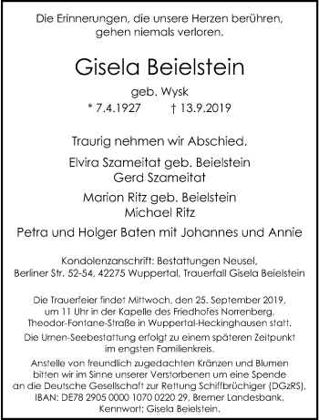 Traueranzeige von Gisela Beielstein von trauer.wuppertaler-rundschau.de