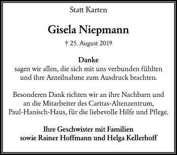 Traueranzeige von Gisela Niepmann von trauer.wuppertaler-rundschau.de