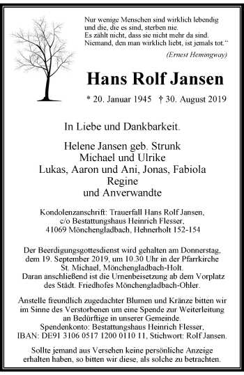 Traueranzeige von Hans Rolf Jansen von trauer.extra-tipp-moenchengladbach.de