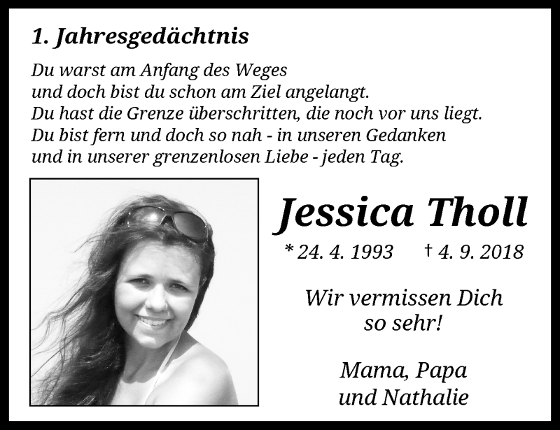  Traueranzeige für Jessica Tholl vom 07.09.2019 aus trauer.wuppertaler-rundschau.de