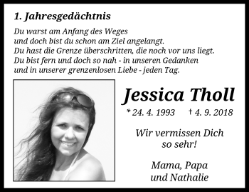 Traueranzeige von Jessica Tholl von trauer.wuppertaler-rundschau.de