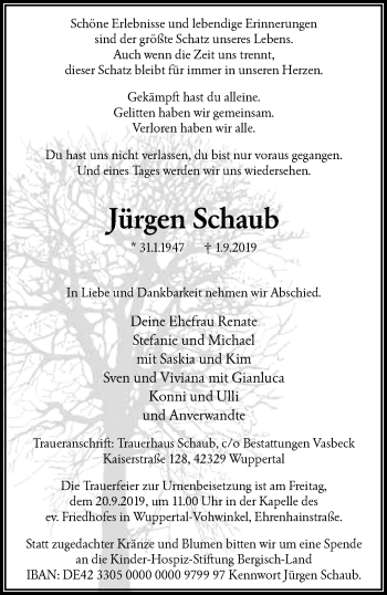 Traueranzeige von Jürgen Schaub von trauer.wuppertaler-rundschau.de