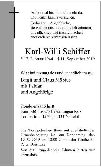 Traueranzeige von Karl-Willi Schiffer von trauer.extra-tipp-moenchengladbach.de