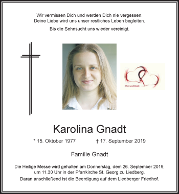 Traueranzeige von Karolina Gnadt von trauer.extra-tipp-moenchengladbach.de