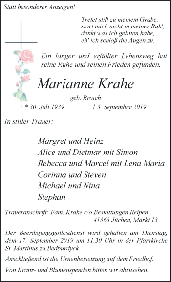 Traueranzeige von Marianne Krahe von trauer.stadt-kurier.de