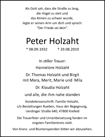 Traueranzeige von Peter Holzaht von trauer.mein.krefeld.de